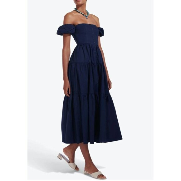 STAUD Elio Cotton Off Shoulder Midi Dress in Navy Blue Size 00 - Picture 1 of 4